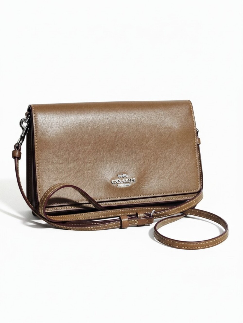 Coach Tan Cognac Leather Crossbody Bag Flap Shoulder Bag Organizer